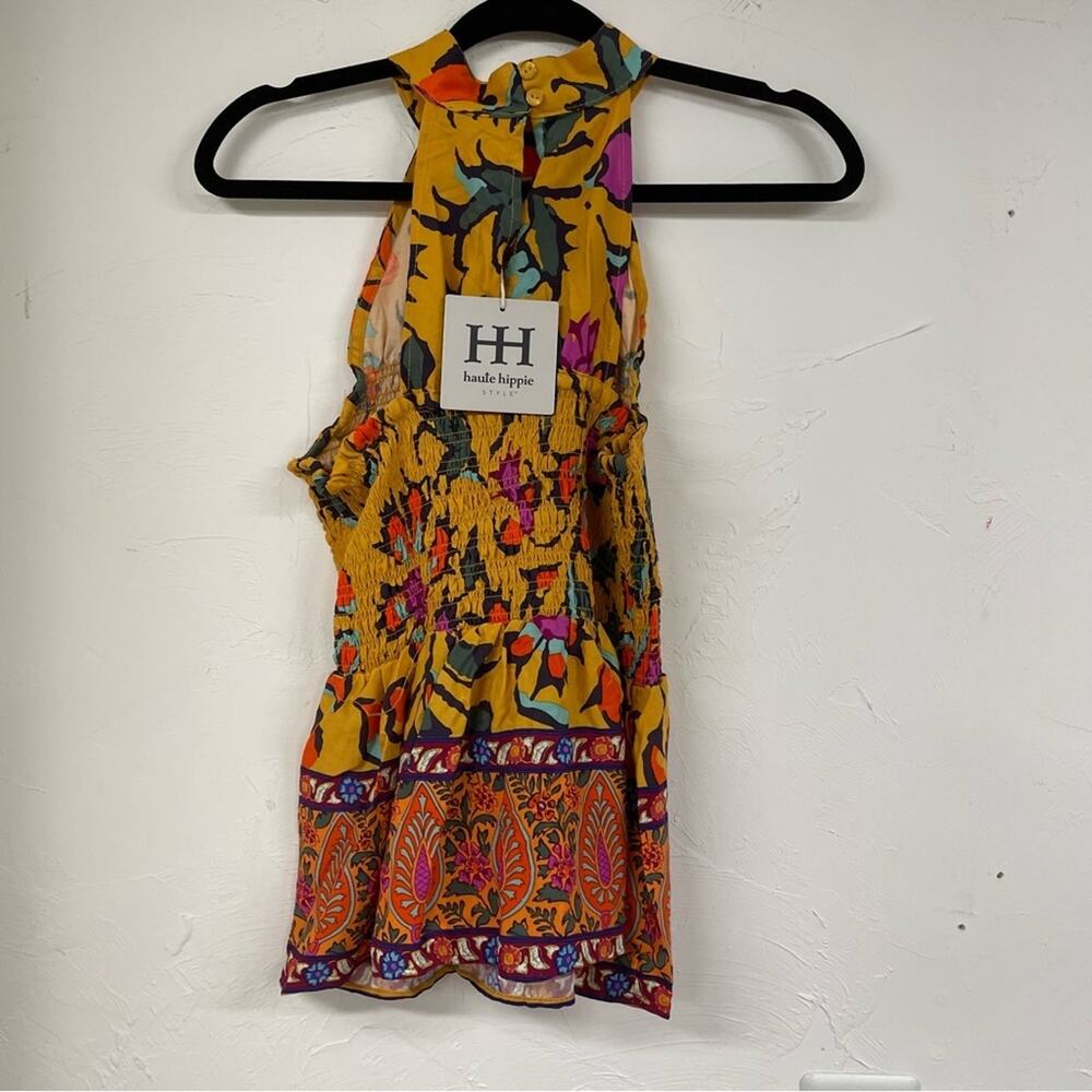 Haute Hippie Mustard Yellow Floral Print Halter Smocked Boho Blouse L Sleeveless - Picture 10 of 13